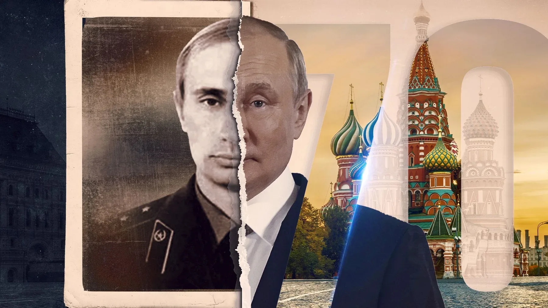 Vladimir Putin, as a Soviet KGB lieutenant and as president of Russia. Source: Sky News.