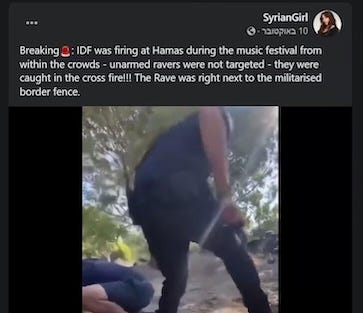 Disinformation about the Hamas terrorist attack on the Supernova music festival, killing 364 civillians and taking 40 hostages. Source: x.com.